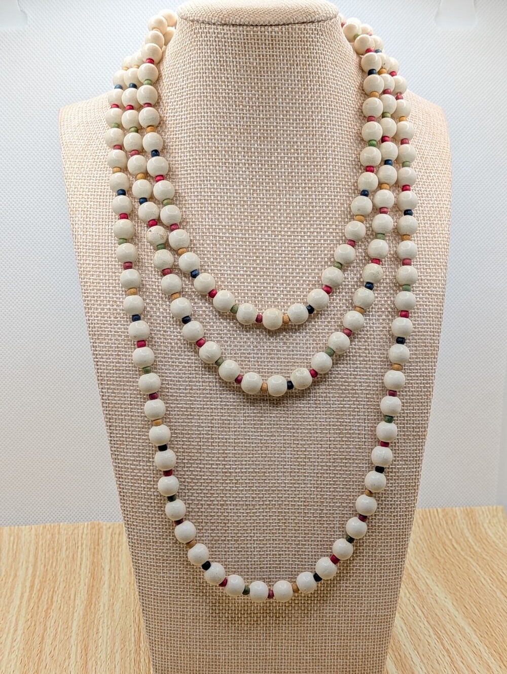 Vintage Wooden Bead Necklace with Multicolor Accents